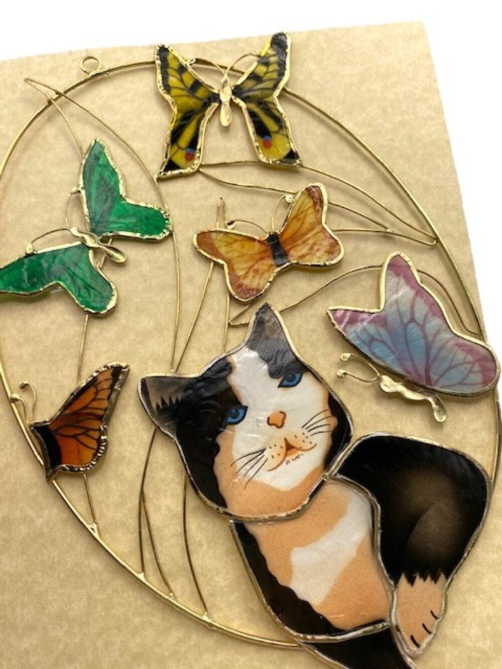 Vintage capiz shell cat kitty butterflies suncatcher hand made, new and unused